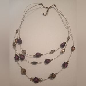 #653. 3 Layer Purple & Gold Toned Acrylic & Glass Beaded Necklace